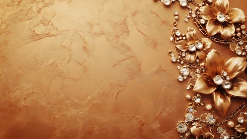 Gold floral ornament with gemstones on textured background.