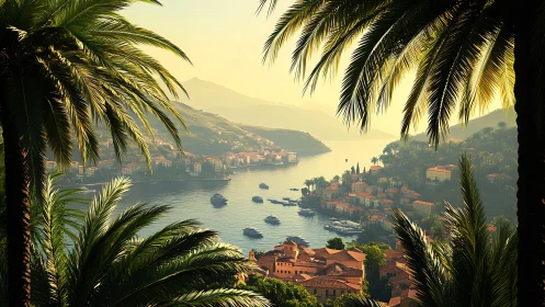 Mediterranean Coastal Town Through Palm Fronds