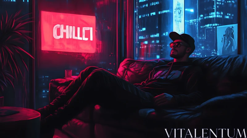 Man relaxes on sofa under red neon chill sign at night