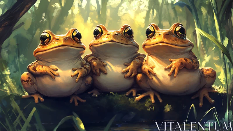 Digital painting of three frogs with luminous forest backlight.