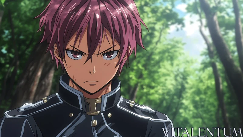 Anime soldier stands in forest clearing under soft daylight