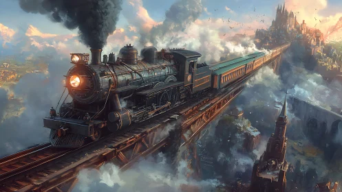 Steam train glides through glowing clouds toward a fantasy city