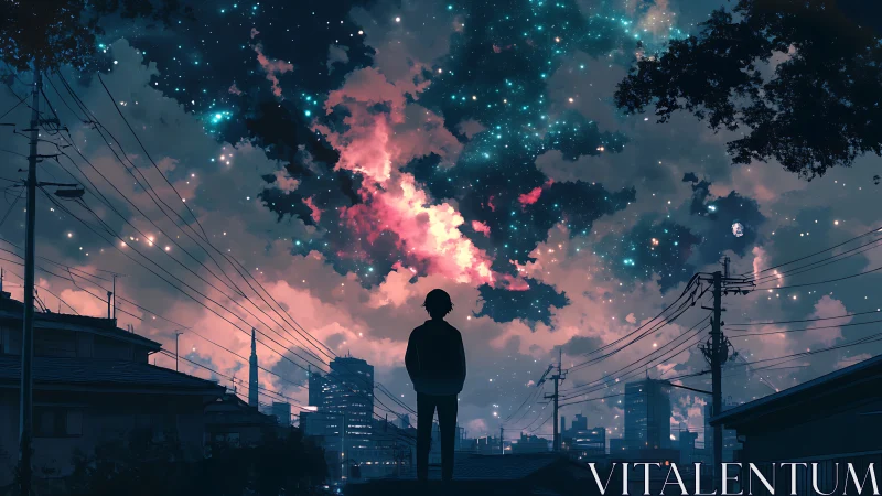 Solitary dreamer gazes at a neon cosmos above the quiet city