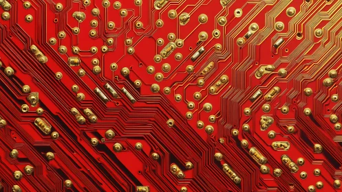 Red and gold circuit board gleams with intricate connections