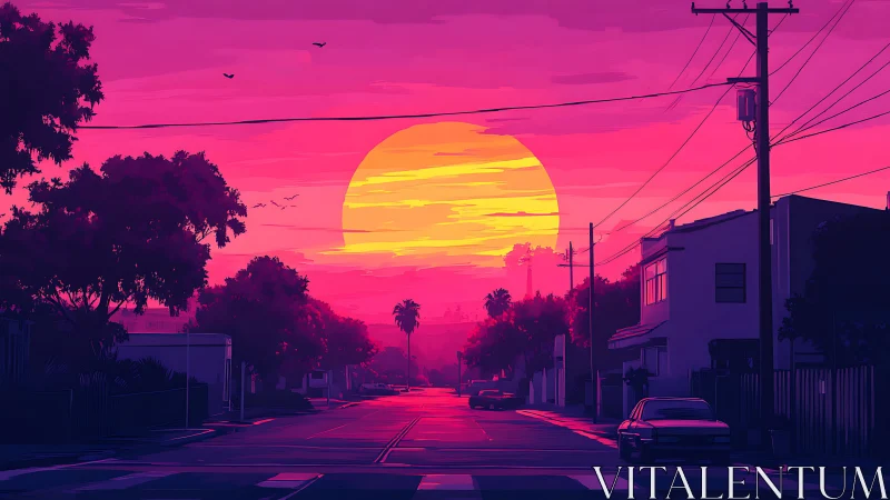 Neon gradient suburb street under oversized vaporwave sunset disk
