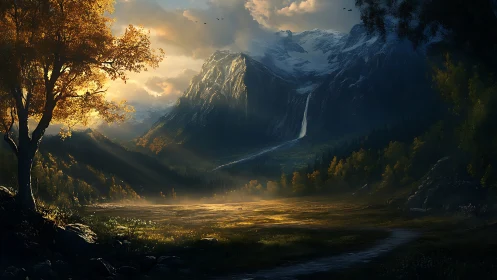 Sunlit valley below snowcapped mountains with waterfall view.