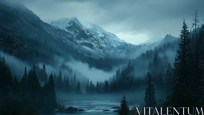 Snow-covered mountain valley with conifer forest and river.