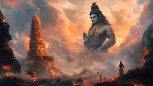 Mythic sky deity beside burning temple spire at dusk.