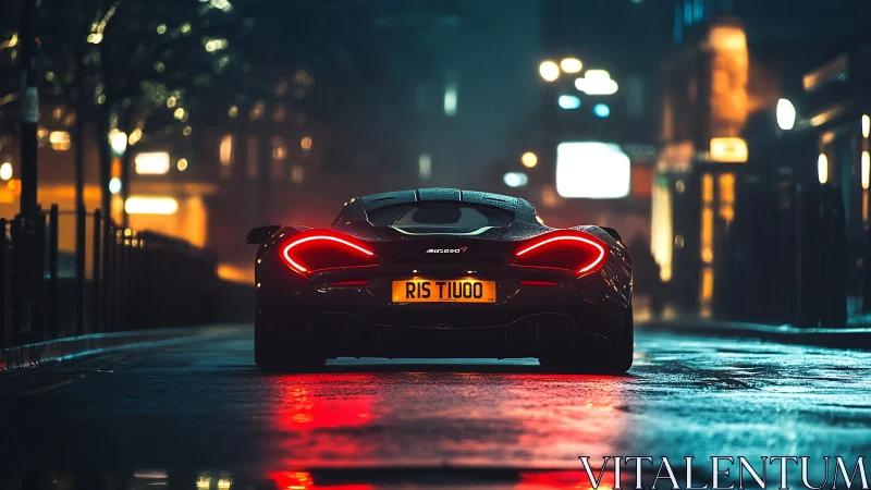 Rear view supercar on wet neon city street at night