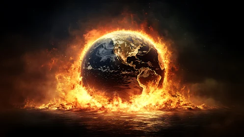 Earth engulfed in flames and fire against dark space