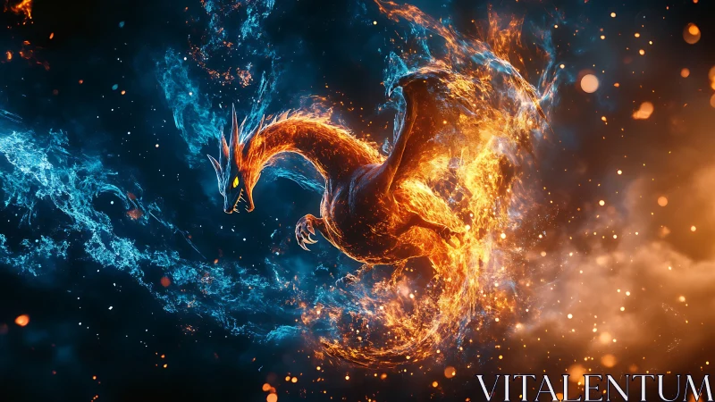 Bioluminescent fire dragon amid dual-toned plasma vortex