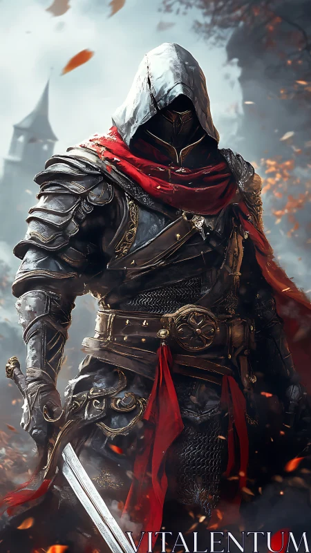 Armored hooded assassin rendered with high-detail digital painting