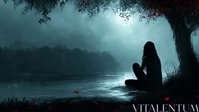 Silhouetted girl contemplates moonlit lake under red leaves