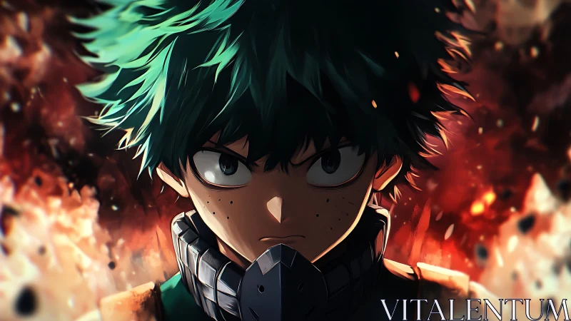 Intense green haired anime hero amid blazing chaos.