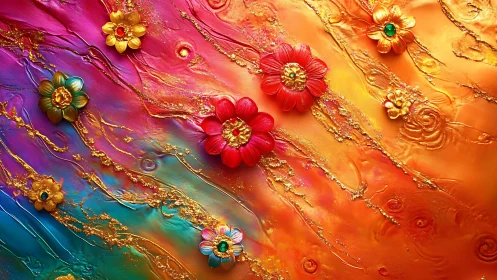 Multicolored floral relief on textured metallic gradient field.