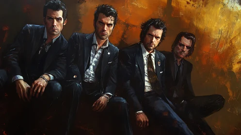 Four suited male figures sit against textured orange backdrop