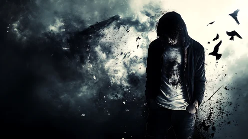 Solitary figure dissolves into storm of crows and ink clouds