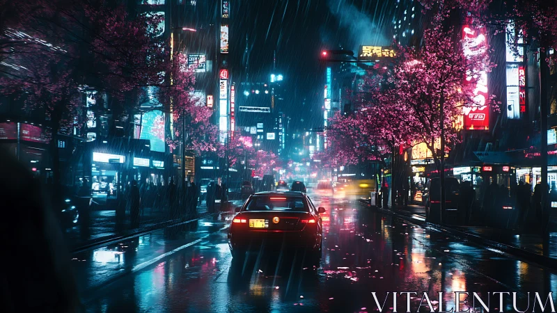 Neon city street in rain with car and pink cherry trees.