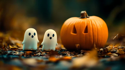 Tiny ghost figurines beside glowing jack-o&rsquo;-lantern pumpkin.
