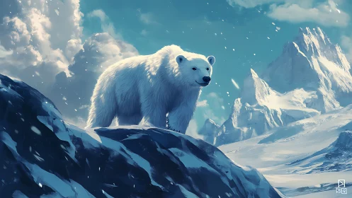 Polar bear on windswept glacial ridge under cyan arctic sky