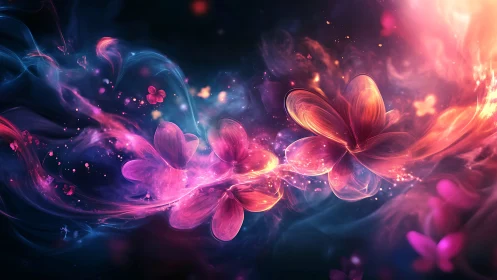 Radiant neon butterflies swirl through luminous cosmic haze