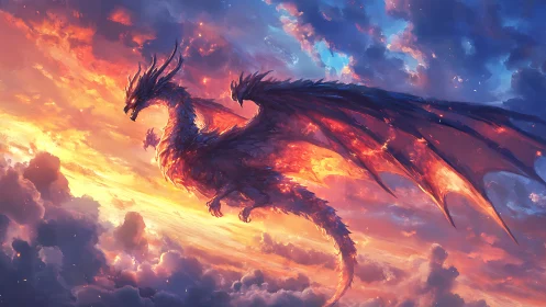 Winged dragon silhouette traverses illuminated cloudscape