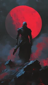 Silhouetted figure on rocks before large red circular light.