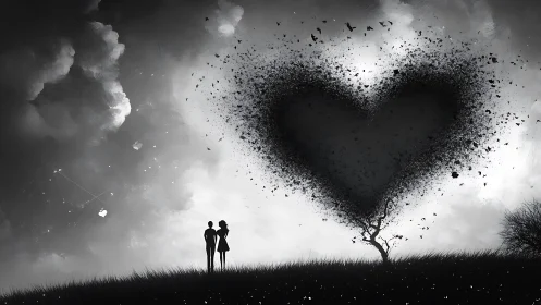 Two Silhouettes Beneath A Disintegrating Heart.