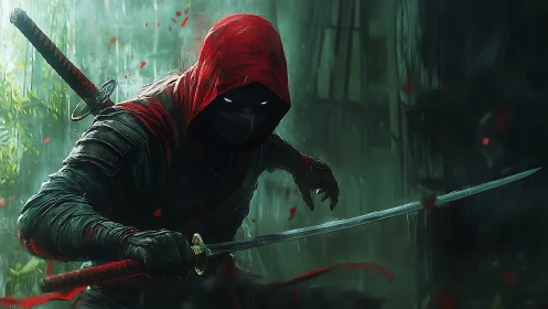 Hooded ninja with drawn katana in dark misty forest.