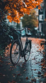 Vintage bicycle parked on wet autumn street with golden foliage overhead.