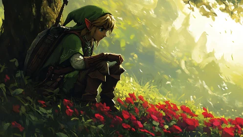 Elf archer resting beside tree near red forest flowers.