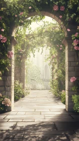 Sunlit rose arcade leading toward a dreamy hidden garden.