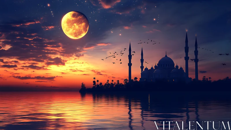 Moonlit mosque silhouette over calm reflective water at dusk.