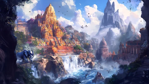 Sunlit temple waterfalls in a misty mountain kingdom.