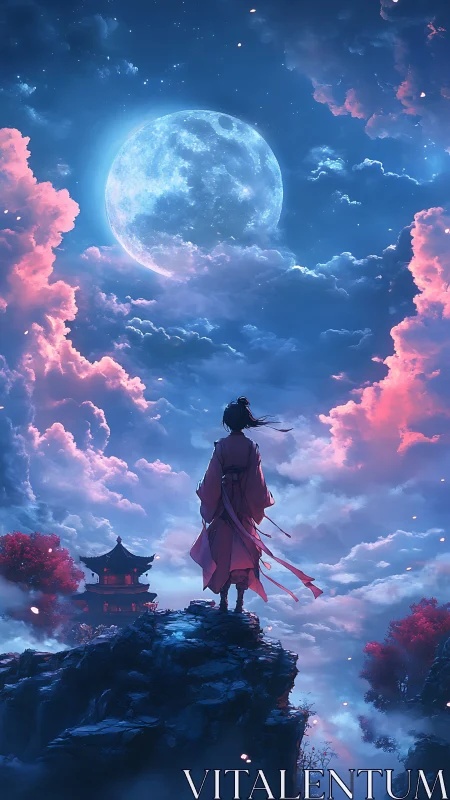 Lone wanderer studies luminous moon above misty cliffs