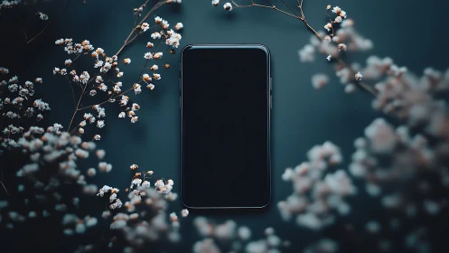 Black smartphone on dark surface framed by soft flowers.