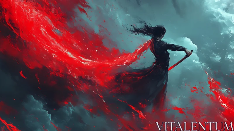 Warrior commands a blazing crimson vortex in stormy sky.