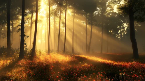 Sunlit forest meadow glows under golden morning rays.