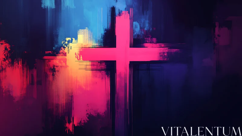 Digital painting of luminous cross in neon abstract field.