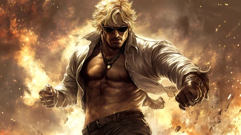 Muscular antihero strides through explosive golden firestorm.