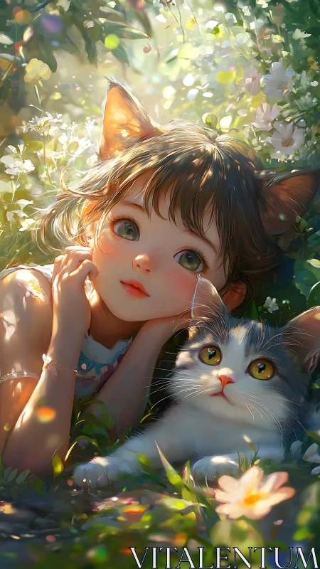 Cat-eared girl and kitten rendered in luminous bokeh garden