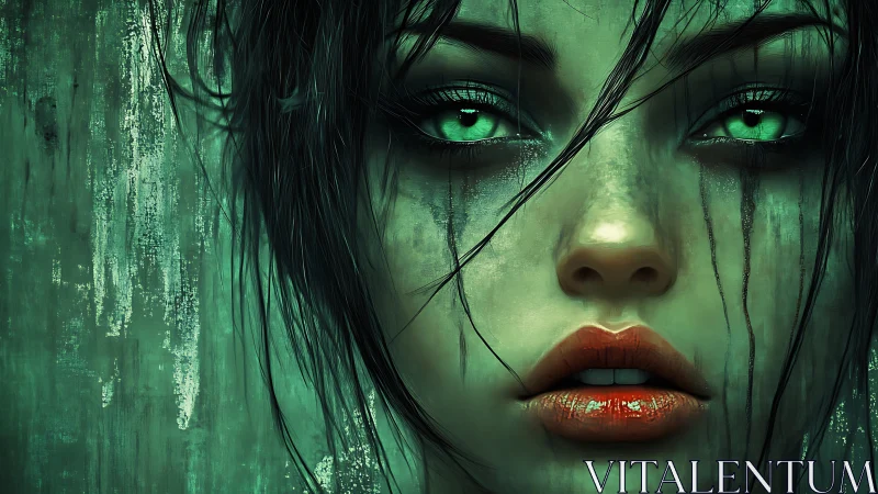 Digital close-up portrait depicts a woman with green eyes