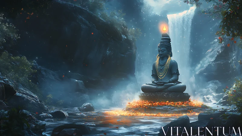 Mystic river deity glows beneath a silver waterfall veil.