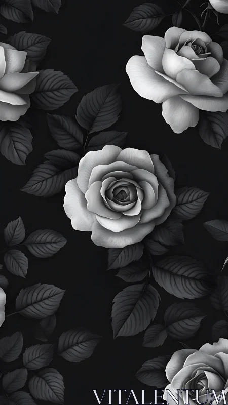 Monochrome Roses Against Darkness. Botanical Study.