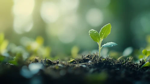 Young green seedling in moist soil under soft sunlight.