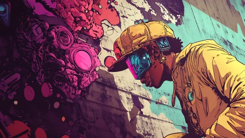 Neon street artist in visor scanning chaotic bio‑mech graffiti