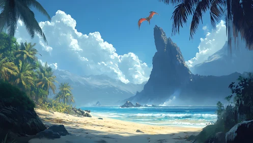 Tropical Coastal Landscape with Monolithic Rock Formation.