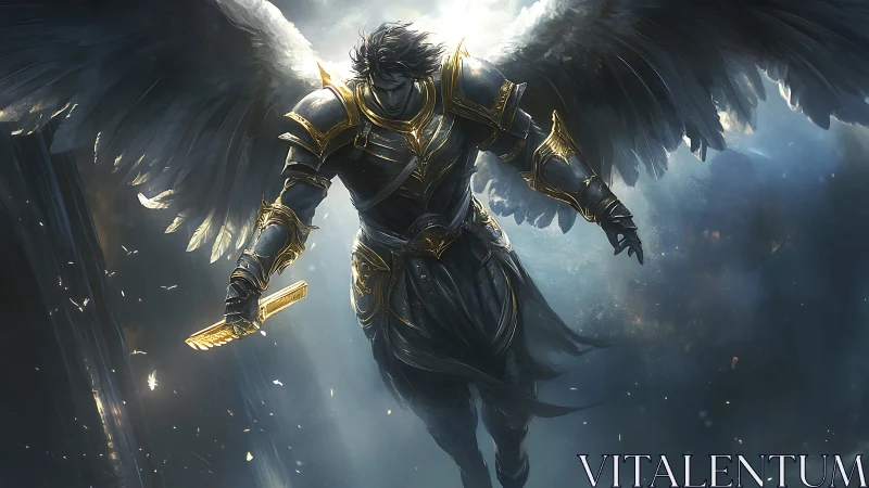 Radiant winged guardian descending in glowing golden armor.