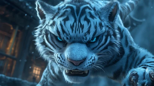 White tiger with blue eyes in focused winter prowl.