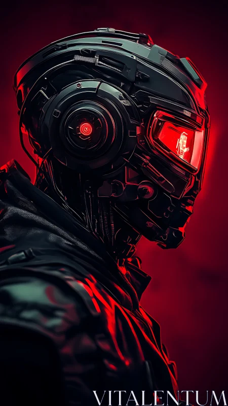 Cybernetic soldier profile with red neon visor and armor.